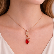 Collar de hojas de oro rosa en cobre con circonitas rojas