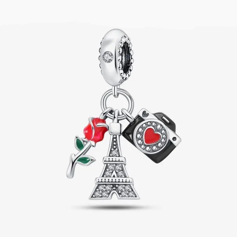 Encanto Rosa, Torre Eiffel e Câmera para Pulseira Personalizada S925