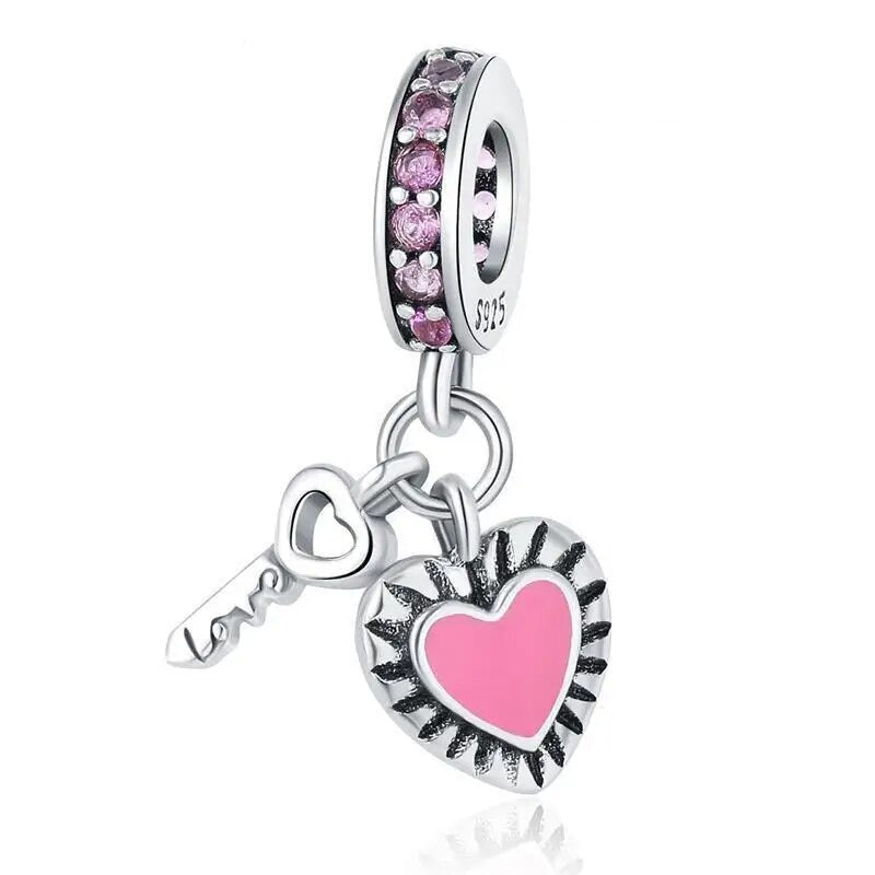 Encanto Chave e Coração Rosa para Pulseira Personalizada S925