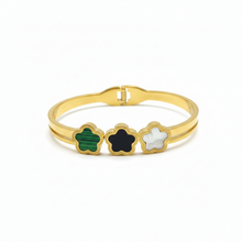 Bracelet Dourada com Flores Verde, Preta e Branca em Aço Inoxidável Romanely