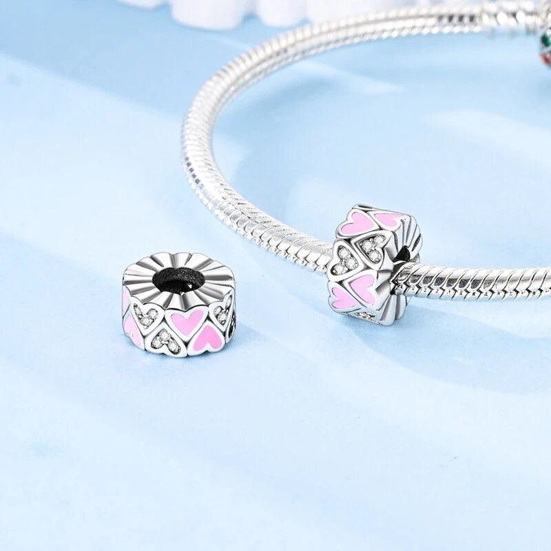 Encanto Corações Rosas com Zircónias para Pulseira Personalizada S925