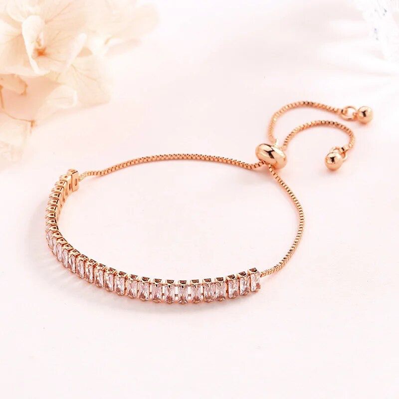 Pulseira de Strass Retangulares Rose Gold Ajustável com Zircónias S925