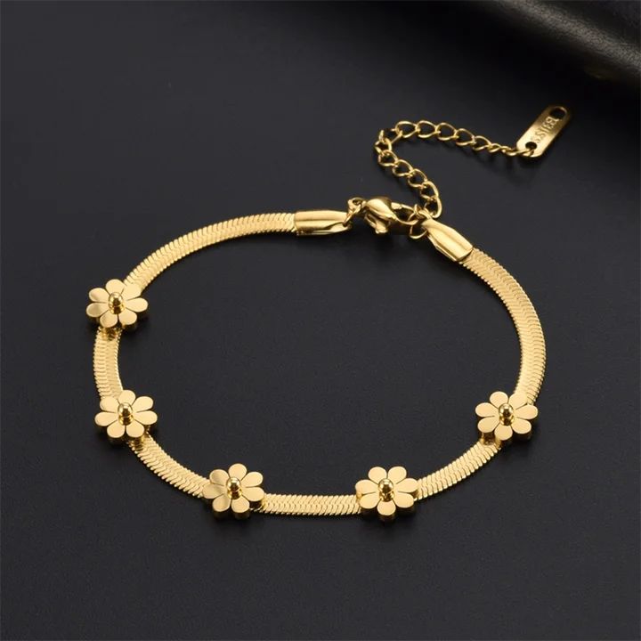 Pulseira Malha Plana Dourada com Flores em Aço Inoxidável