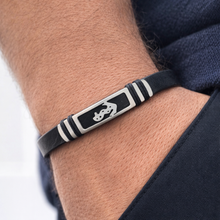 Pulseira Masculina em Couro Preto com Âncora em Aço Inoxidável Prateado Romanely